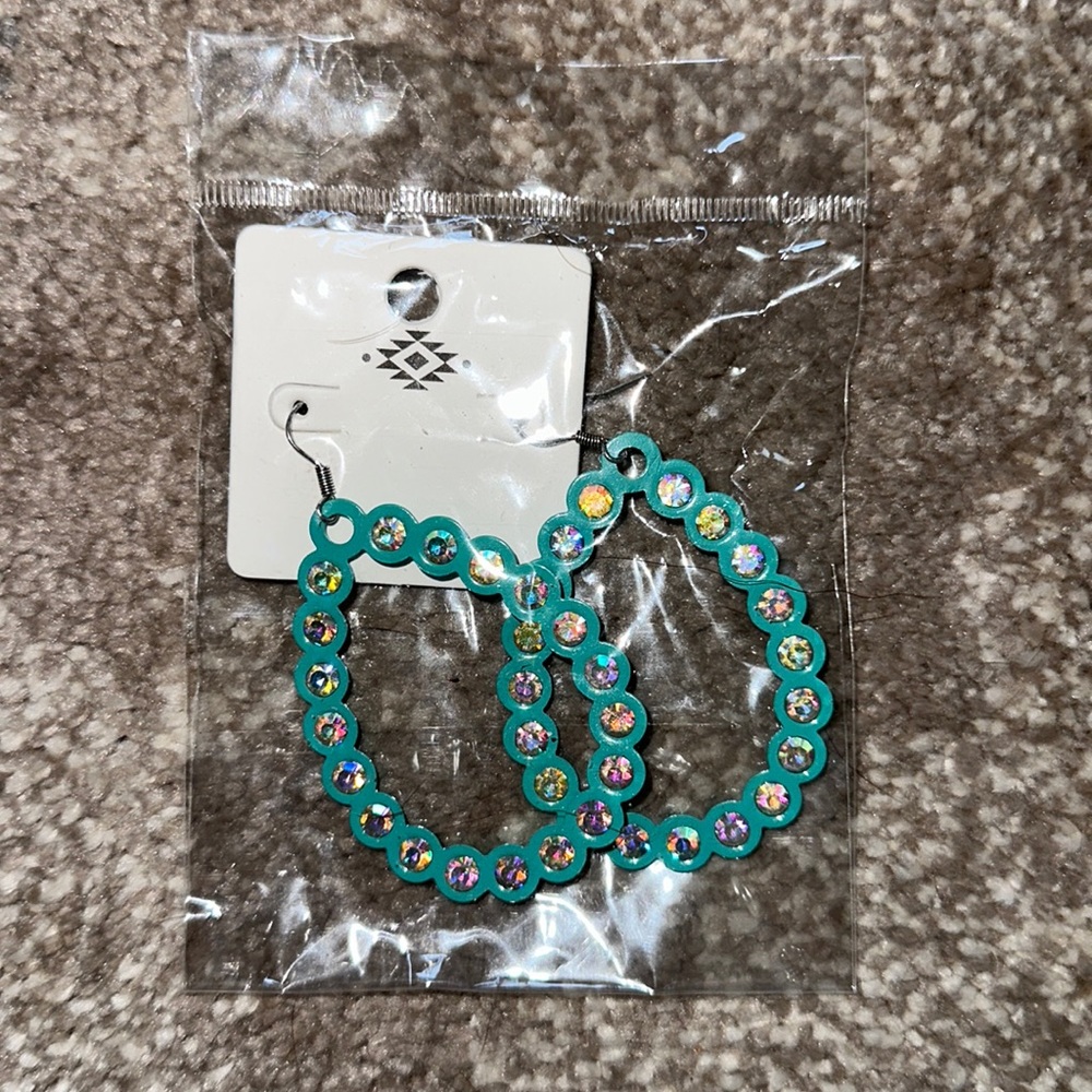 Rhinestone hooks dangle earrings turquoise